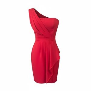 BCBGMAXAZRIA Red One Shoulder Pleated Sheath Dress Ruffle Drape Size 0
